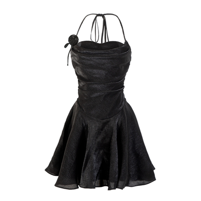 PynkiSwear  暗夜黑缎面挂脖吊带连衣裙女垂感显瘦海边度假裙夏