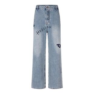 HERLIAN 女士涂鸦做旧直筒牛仔裤
