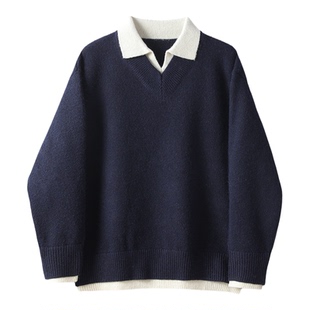 LUUD 撞色拼接假两件V型翻领毛衣男士羊毛混纺层次格调保暖针织衫