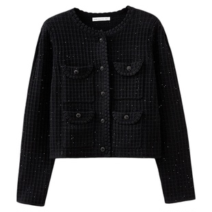 水云间黑色亮片毛针织开衫女小香风短款外套长袖正肩上衣2025秋冬