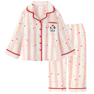 2025新款卡通条纹睡衣女春秋季纯棉长袖可外穿少女学生家居服套装