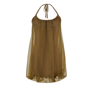 复古花苞挂脖系带度假墨绿色露背性感弹力纱裙连衣裙宽松透气短裙