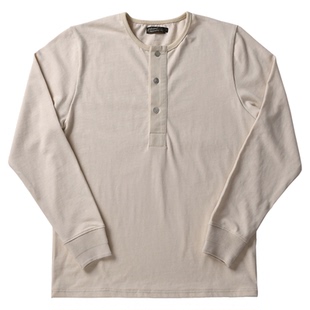 柴米长袖亨利领米白T恤阿美咔叽重磅男修身休闲全棉阿美咔叽秋冬