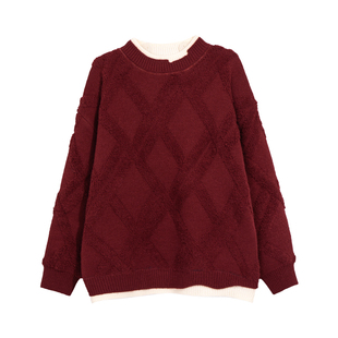 男童红色菱格纹针织衫加厚毛衣2025秋冬中大儿童保暖套头衫新年款