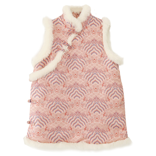 知了童装 女童海浪织锦马甲中长款平棉背心改良冬装旗袍儿童53326