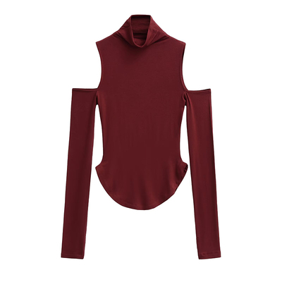 高领露肩弧形下摆收腰长袖T恤