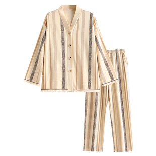 睡衣女款春秋季纯棉长袖开衫v领条纹高级感可外穿家居服秋天套装