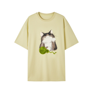 U/TI纯棉猫咪印花T恤女装 百搭落肩廓形短袖上衣尤缇2025夏季新款