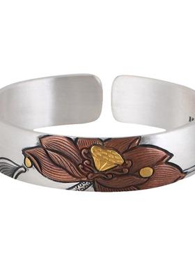 足银手镯复古莲花浮雕小众设计女