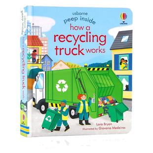 英文原版绘本 Peep Inside How a Recycling Truck Works 尤斯伯恩科普 Usborne偷偷看里面系列 回收车工作原理 纸板翻翻书洞洞书