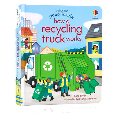 Usborne偷偷看里面系列 回收车工作原理  英文原版绘本 Peep Inside How a Recycling Truck Works 尤斯伯恩科普纸板翻翻书洞洞书
