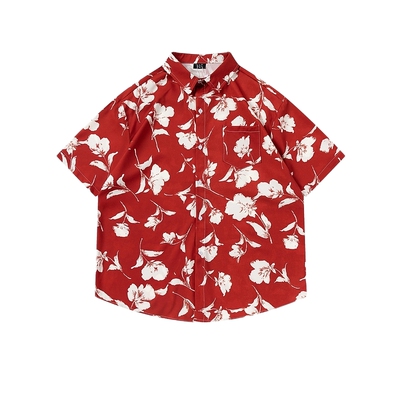 悟空有货夏季花卉满印红色短袖衬衫男潮牌街头宽松情侣休闲花衬衣