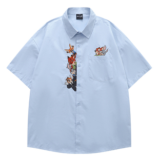 悟空有货夏季卡通刺绣短袖衬衫男女复古潮牌宽松情侣休闲百搭衬衣