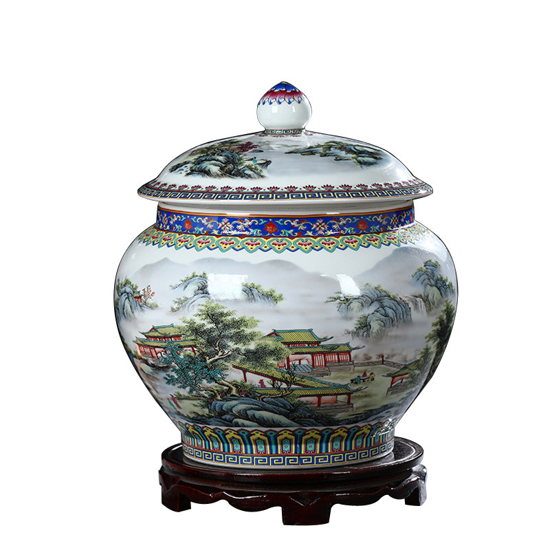 景德镇中式陶瓷储物米缸油缸杂粮珐琅彩带盖家用防虫散茶叶罐摆件