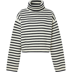 【折扣】BLOSSOM 女秋冬黑白条纹针织羊毛高领毛衣