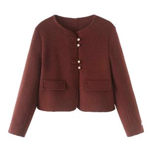 艾格国风盘扣双面毛呢外套女2025春季新款小个子短款小香风上衣