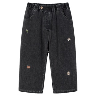 嫚熙童装牛仔裤儿童长裤2026新款加厚春秋季节男女童宽松休闲裤子