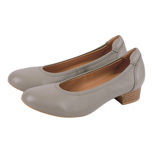 德芙琳真皮奶奶鞋粗跟灰色浅口单鞋女鞋子鞋头上翘3cm中跟鞋