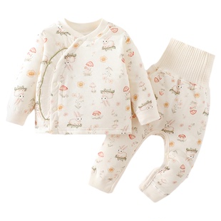 婧麒婴儿分体睡衣夹棉保暖秋冬宝宝家居服套装加厚男女童秋衣秋裤