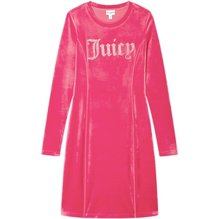 Juicy Couture橘滋连衣裙女26夏季新款玫红弹力丝绒修身长袖中裙