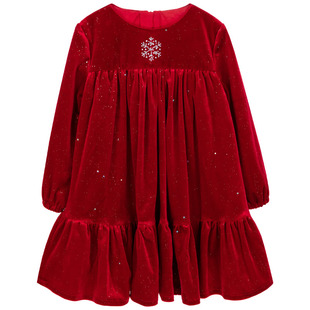 Toulejour女童秋冬雪花水钻法式复古公主裙中长款丝绒长袖连衣裙