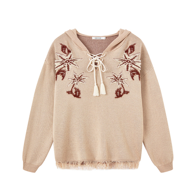 SAME FLOW“野蕨与荒原”连帽套头针织上衣女早秋花朵刺绣毛衣