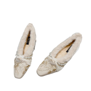 国风新中式气质旗袍女鞋刺绣浅口单鞋加绒保暖新款外穿毛毛鞋女冬