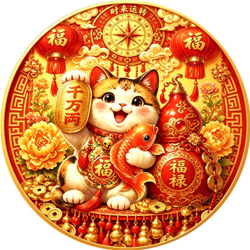 招财猫牡丹葫芦墙贴背胶自粘画防水防晒年年有余遮瑕可移除贴纸画