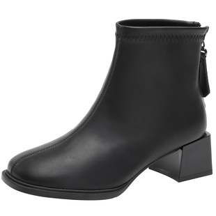 大东短靴女冬季新款简约舒适粗跟中跟方头女靴子后拉链女鞋0125