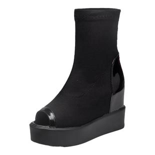 鱼嘴短靴女春秋单靴厚底内增高弹力布靴子小个子坡跟高跟瘦瘦袜靴