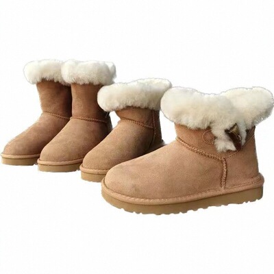雪地靴短筒羊皮毛一体新款牛角扣