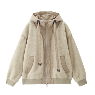 设计师款佐丹奴棉衣外套女装圈圈呢拼接抽绳宽松连帽夹克18375817