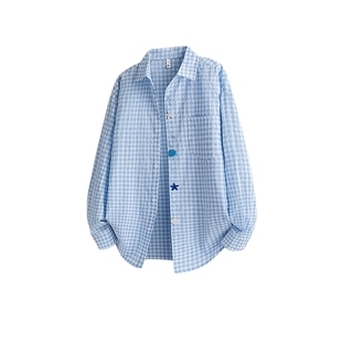 悟空有货潮牌泡泡纱格纹设计感长袖衬衫男女宽松情侣百搭休闲衬衣