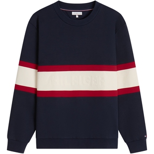 Tommy26秋冬新款男装休闲复古撞色条纹压纹字母圆领合身套头卫衣