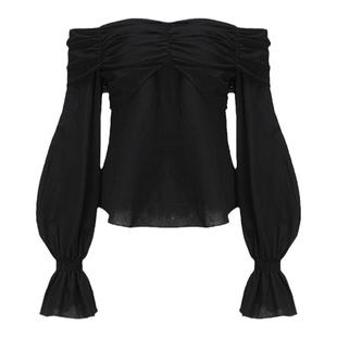 HAI STUDIO春夏女一字领黑色灯笼袖上衣 优雅设计感一字肩露肩衫