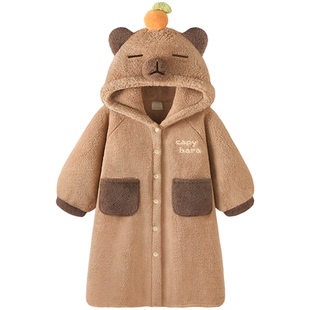 【设计师款】睡袍女款2026新款冬连帽卡通卡皮巴拉加厚珊瑚绒睡衣