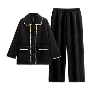 悦内睡衣女秋冬季法兰绒加绒加厚珊瑚绒保暖家居服黑色小香风套装