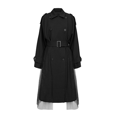 sdeer时尚翻领收腰网纱长款风衣