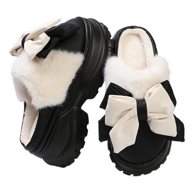 蝴蝶结厚底棉拖鞋女士冬季保暖加绒增高矮子乐室内居家外穿棉拖女