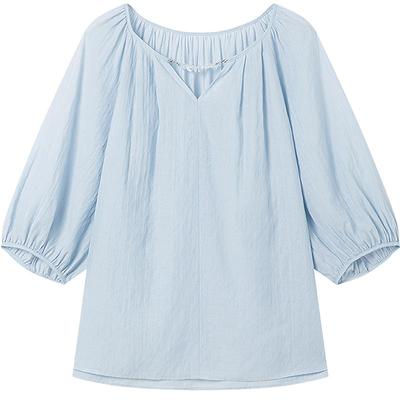 KBNE法式衬衫蓝色灯笼袖衬衣2025夏季新款小个子莱赛尔小衫上衣女