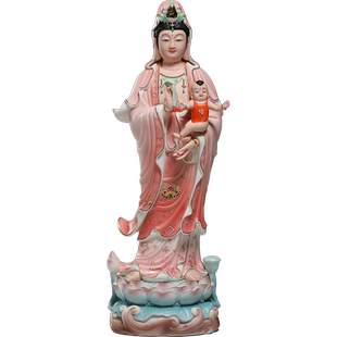 微美16至21寸立莲笑脸送子观音娘娘佛像供奉家用陶瓷菩萨像摆件