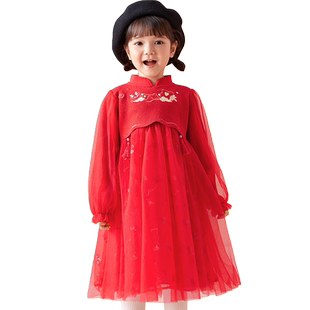 巴拉巴拉女童连衣裙过年国风裙子春秋款童装宝宝红色旗袍儿童公主