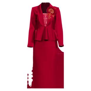 创意狐主持人礼服裙女宴会气质礼裙长款红色小礼裙参加婚礼连衣裙