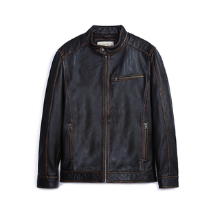 MCS男装源自万宝路秋季新款复古机车三拉链袋牛皮夹克皮衣外套男