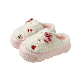 厚底蝴蝶结棉拖鞋女秋冬季2025新款室内居家防滑可爱保暖毛绒拖鞋