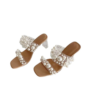 透明珍珠凉鞋女夏高跟粗跟水晶跟仙女风一字带凉拖鞋31 32 33小码