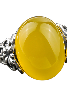 复古银戒指镶嵌蜜蜡琥珀925霸气