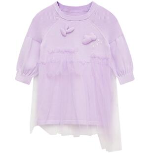 moomoo童装女童时尚网纱毛织连衣裙甜美俏皮可爱简洁大方秋冬新款