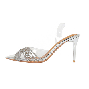 林向晚 梦中情鞋~银色高跟鞋设计感小众名媛风包头透明水钻凉鞋女