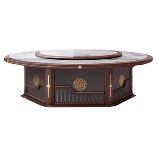 酒店餐桌岩板火锅桌子电磁炉一体带电动转盘2米3米商用20人大圆桌